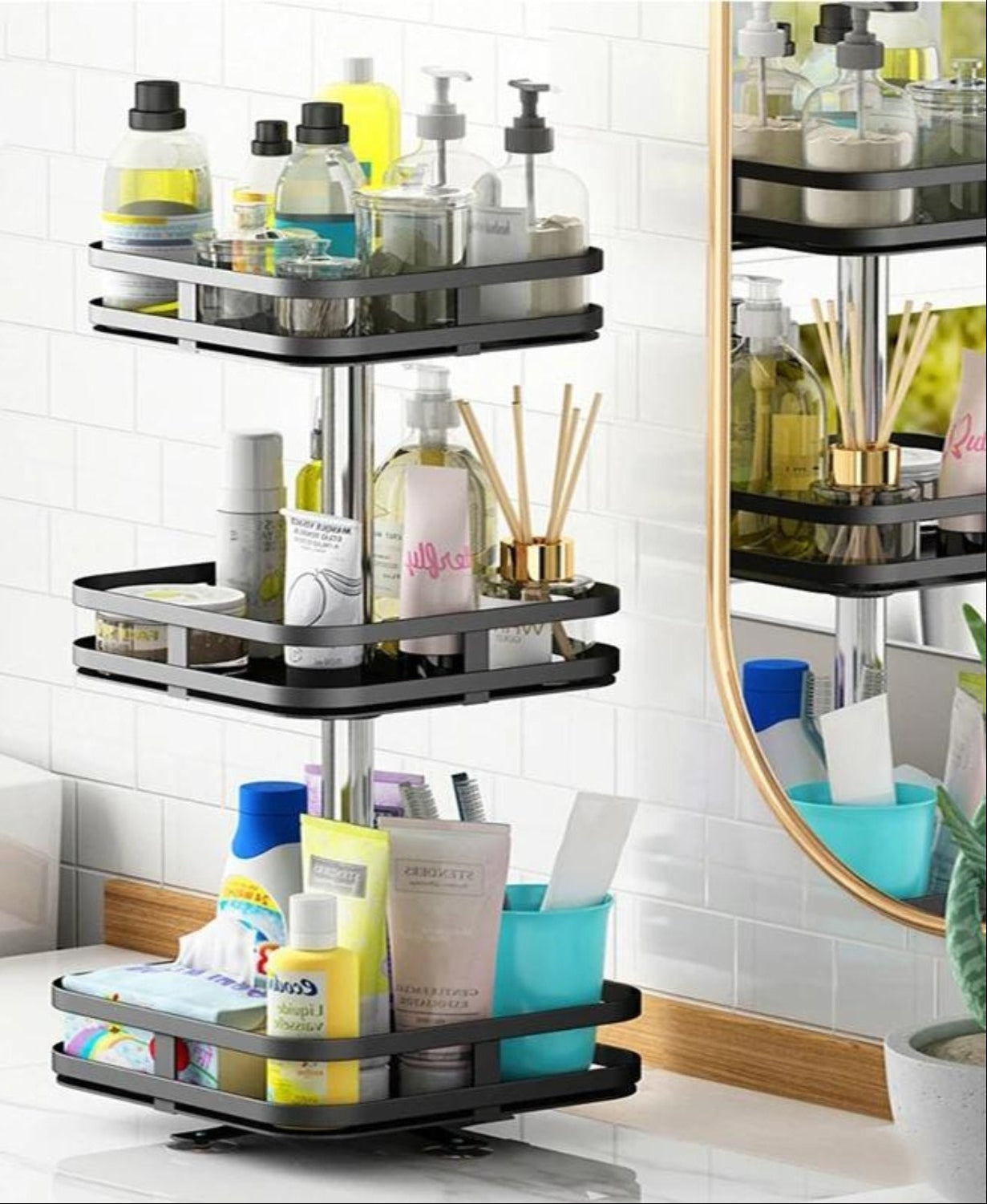 Rotating Storage Rack 360° Stainless Steel Adjustable Height Compact Organizer Black