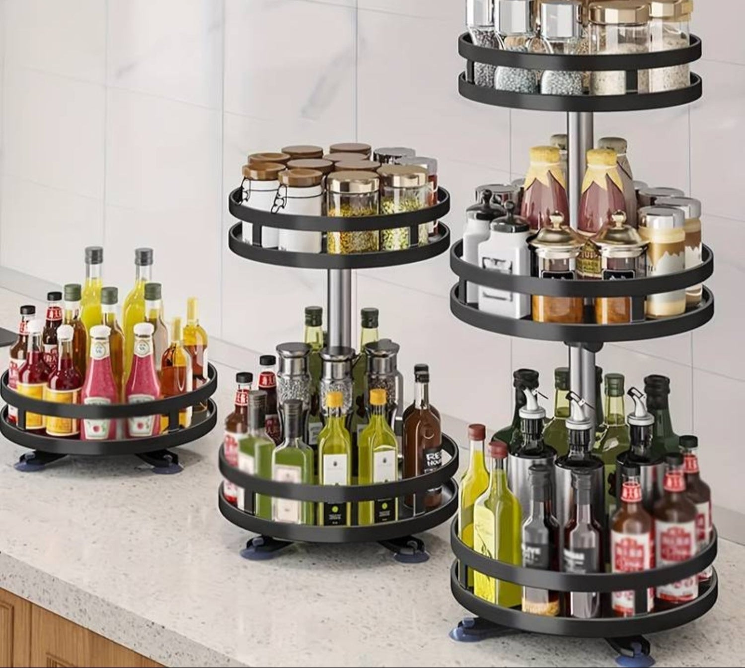 Rotating Storage Rack 360° Stainless Steel Adjustable Height Compact Organizer Black