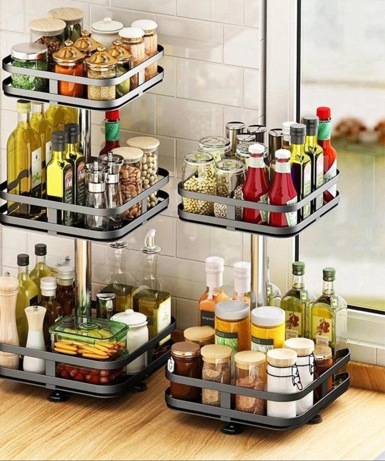 Rotating Storage Rack 360° Stainless Steel Adjustable Height Compact Organizer Black