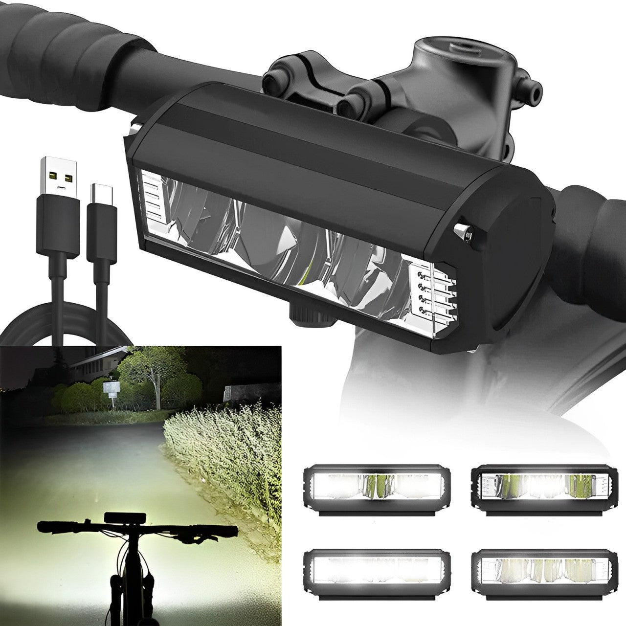 Super Bright LED Bike Headlight Front Light USB Rechargeable 900-2600 Lumens Waterproof Black Aluminum