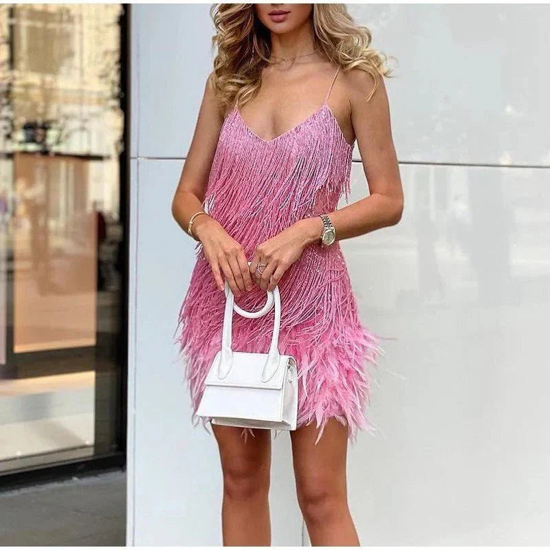 Sparkling Feather Trim Mini Dress with Sequins and Spaghetti Straps for Cocktail Parties