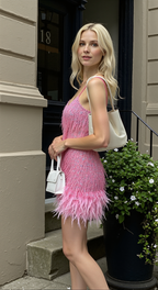 Sparkling Feather Trim Mini Dress with Sequins and Spaghetti Straps for Cocktail Parties