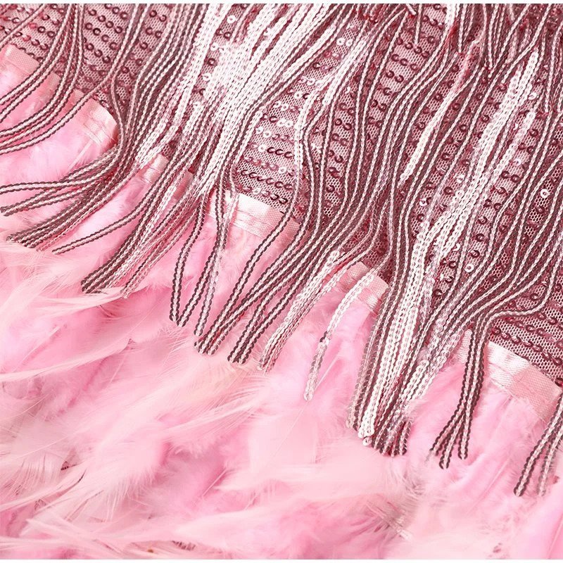 Sparkling Feather Trim Mini Dress with Sequins and Spaghetti Straps for Cocktail Parties