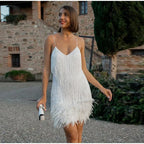 Sparkling Feather Trim Mini Dress with Sequins and Spaghetti Straps for Cocktail Parties