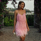 Sparkling Feather Trim Mini Dress with Sequins and Spaghetti Straps for Cocktail Parties