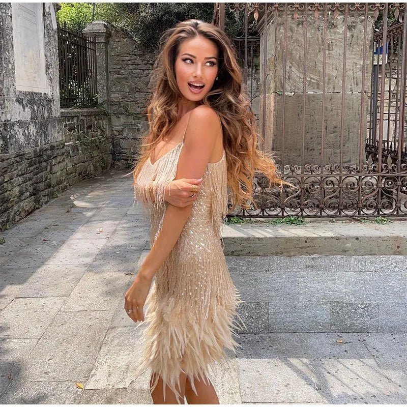 Sparkling Feather Trim Mini Dress with Sequins and Spaghetti Straps for Cocktail Parties