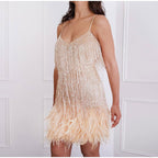 Sparkling Feather Trim Mini Dress with Sequins and Spaghetti Straps for Cocktail Parties