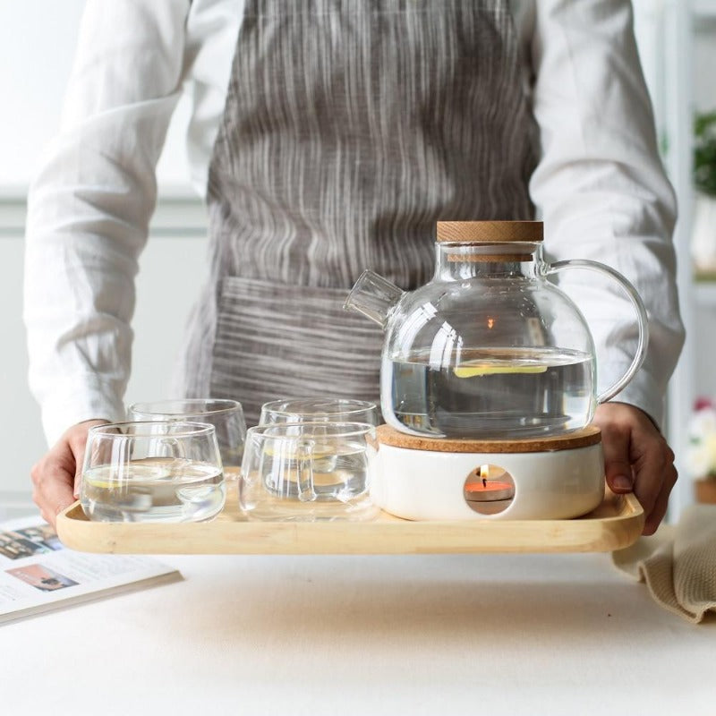 Harrow Scandinavian Glass Teapot Set Borosilicate Glass 1000ml or 1800ml with Cups Oak Tray and Warmer