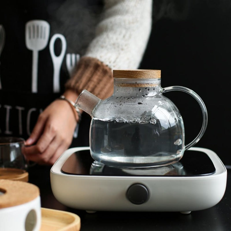 Harrow Scandinavian Glass Teapot Set Borosilicate Glass 1000ml or 1800ml with Cups Oak Tray and Warmer