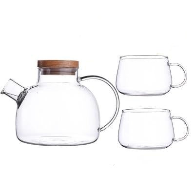 Harrow Scandinavian Glass Teapot Set Borosilicate Glass 1000ml or 1800ml with Cups Oak Tray and Warmer