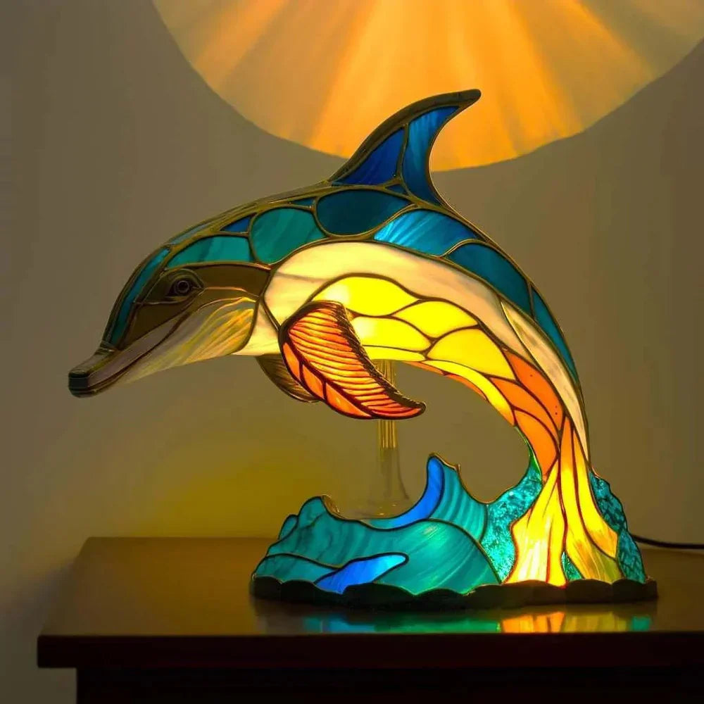 Sculptural Glass Table Lamp with Animal Motifs Stained Glass Amber Green Blue Light