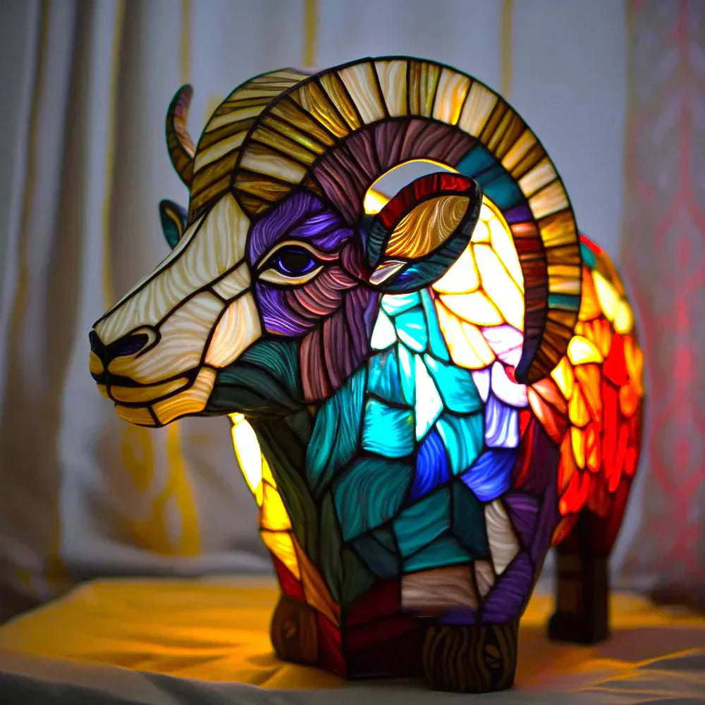 Sculptural Glass Table Lamp with Animal Motifs Stained Glass Amber Green Blue Light