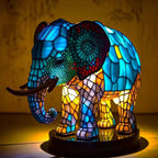 Sculptural Glass Table Lamp with Animal Motifs Stained Glass Amber Green Blue Light