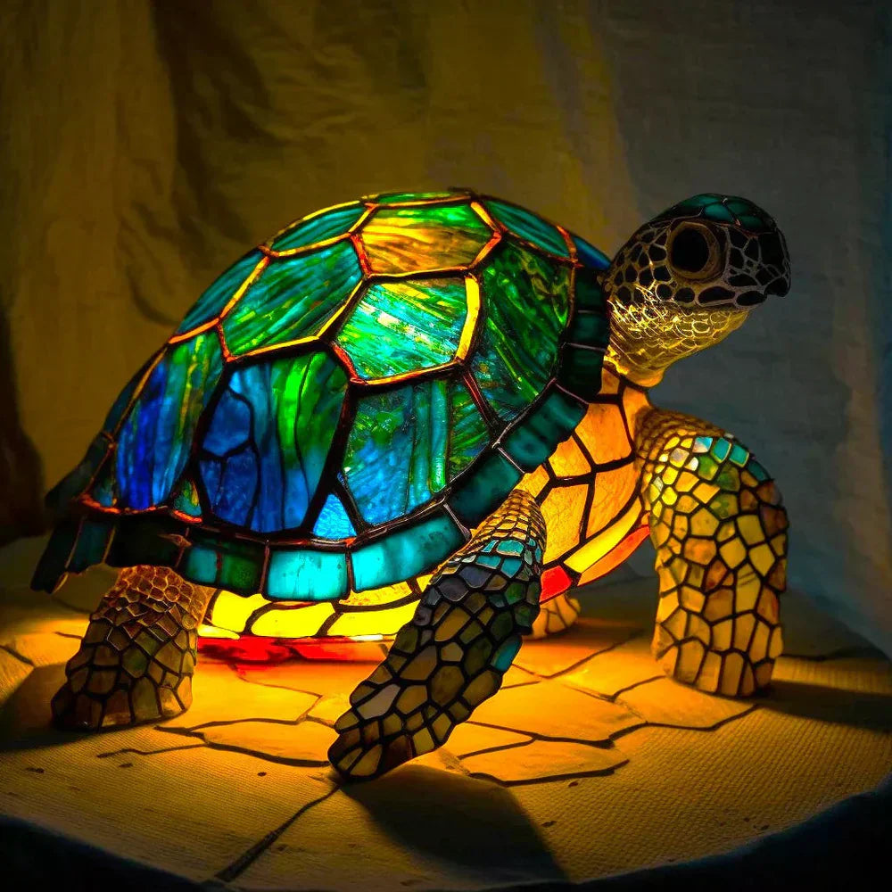 Sculptural Glass Table Lamp with Animal Motifs Stained Glass Amber Green Blue Light