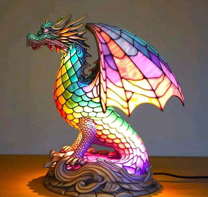 Sculptural Glass Table Lamp with Animal Motifs Stained Glass Amber Green Blue Light