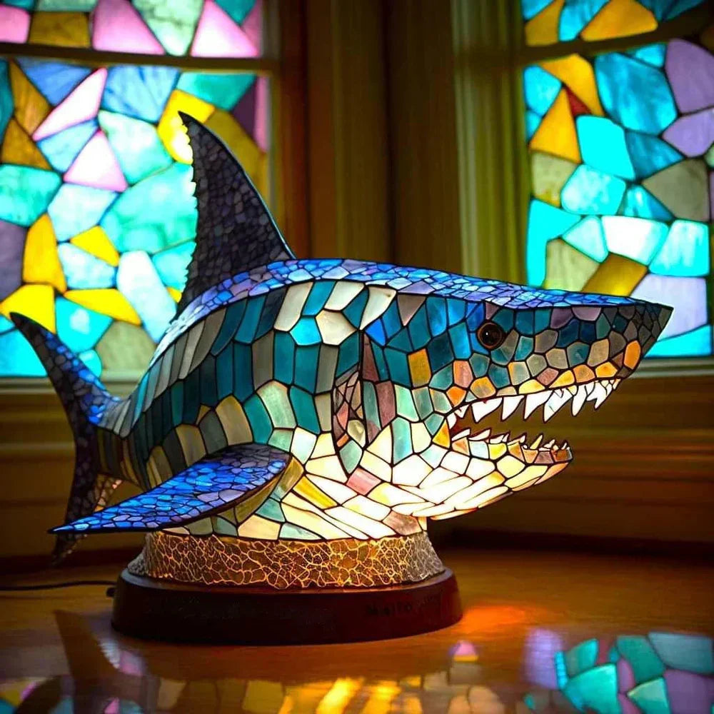 Sculptural Glass Table Lamp with Animal Motifs Stained Glass Amber Green Blue Light