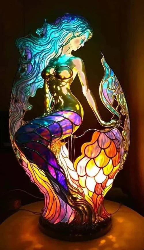 Sculptural Glass Table Lamp with Animal Motifs Stained Glass Amber Green Blue Light