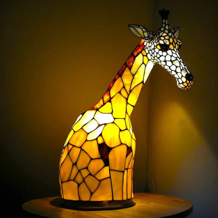 Sculptural Glass Table Lamp with Animal Motifs Stained Glass Amber Green Blue Light