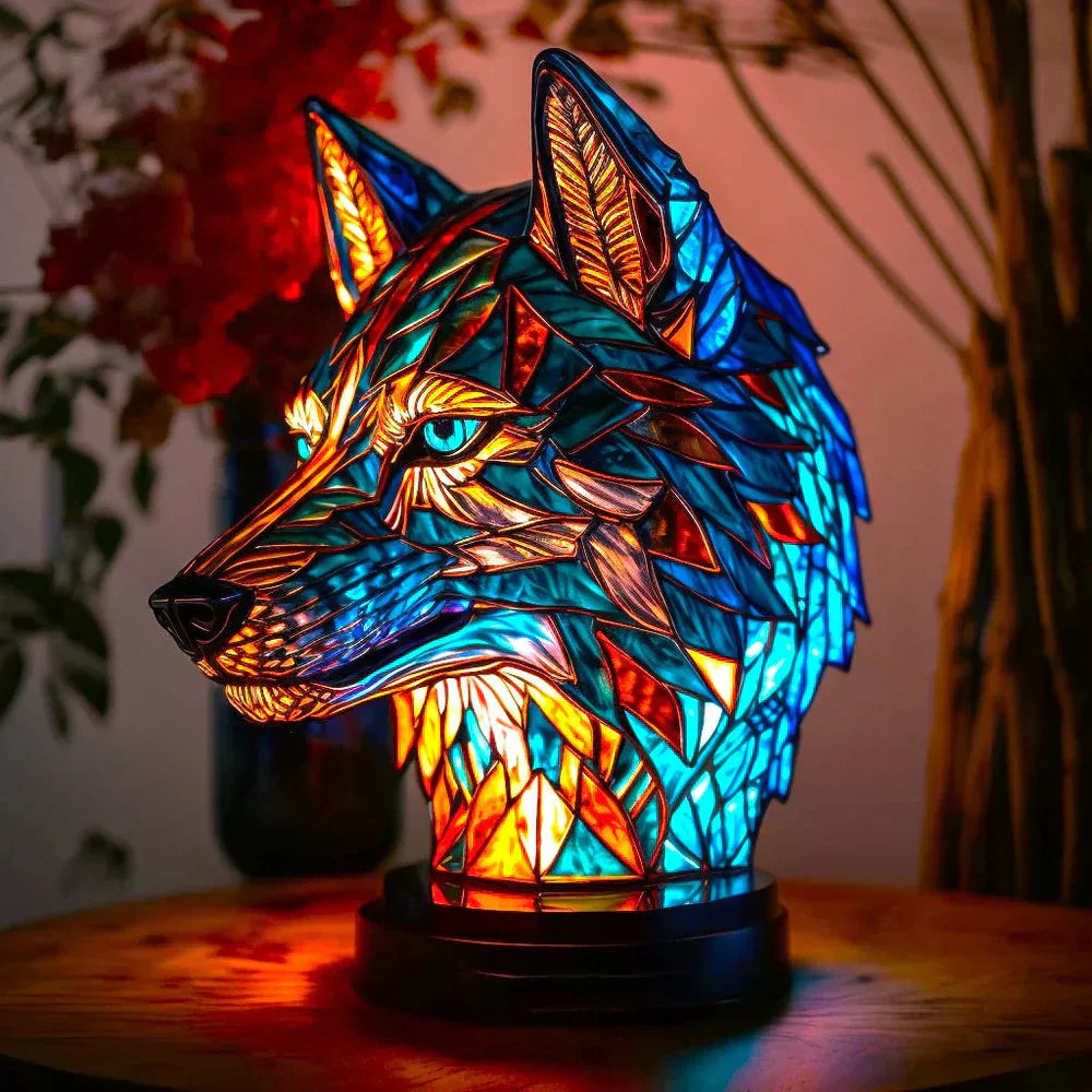 Sculptural Glass Table Lamp with Animal Motifs Stained Glass Amber Green Blue Light