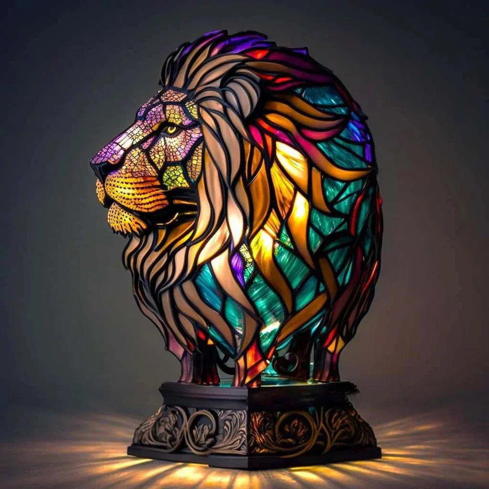 Sculptural Glass Table Lamp with Animal Motifs Stained Glass Amber Green Blue Light