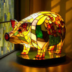 Sculptural Glass Table Lamp with Animal Motifs Stained Glass Amber Green Blue Light
