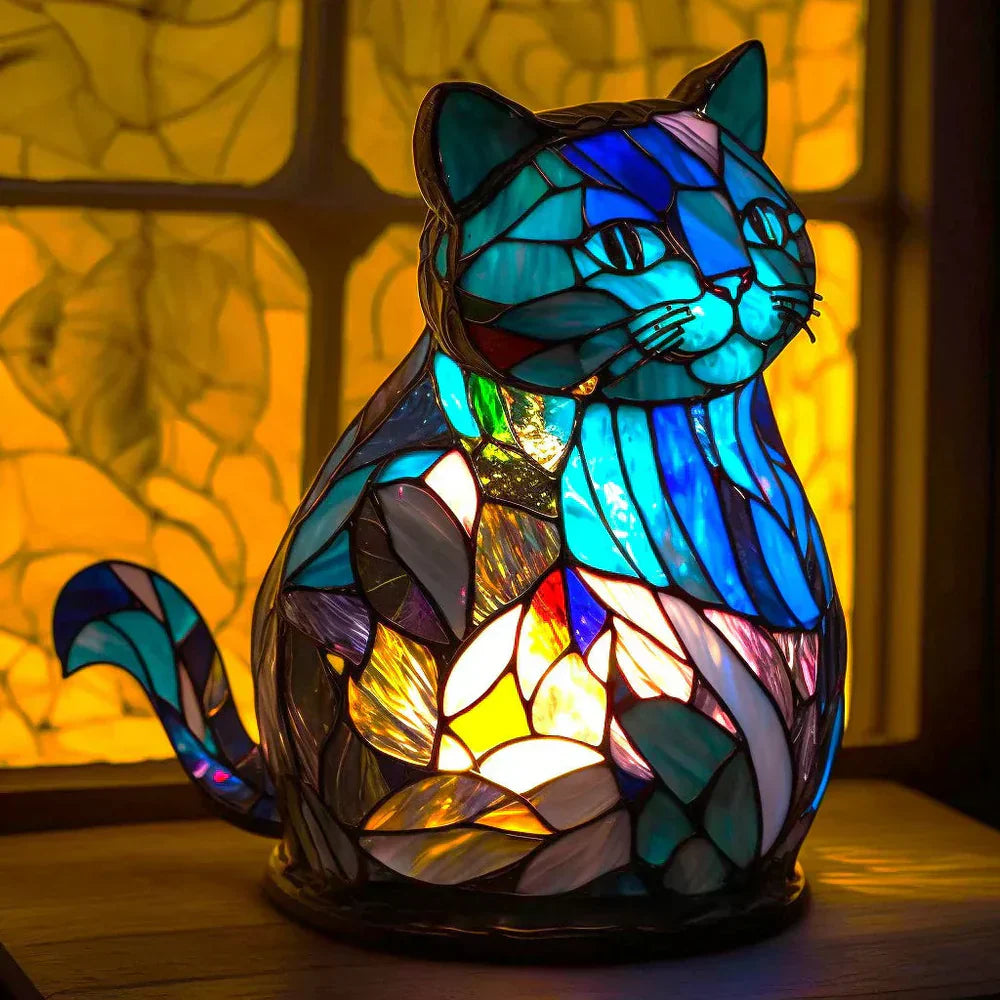 Sculptural Glass Table Lamp with Animal Motifs Stained Glass Amber Green Blue Light