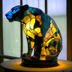 Sculptural Glass Table Lamp with Animal Motifs Stained Glass Amber Green Blue Light