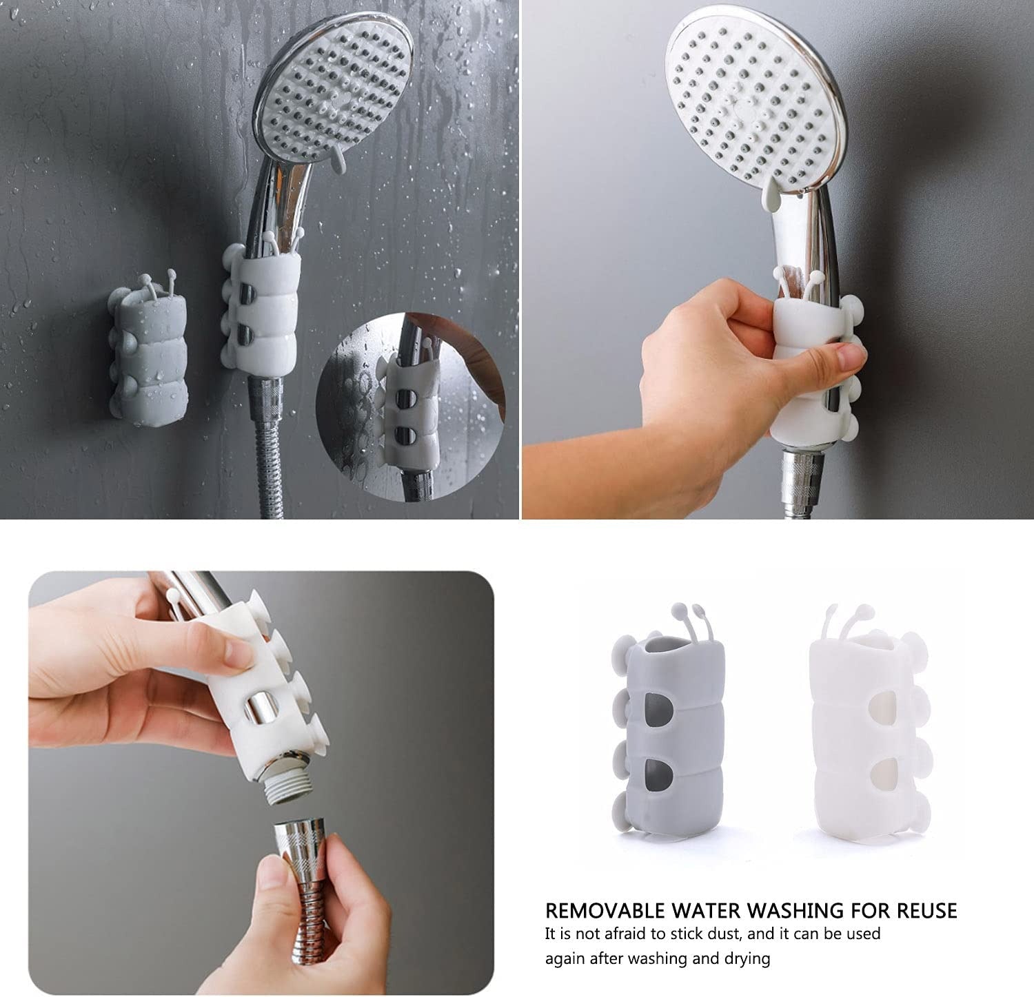 Adjustable Silicone Shower Head Holder with Suction Cup Wall Mount, White or Gray, Universal Fit