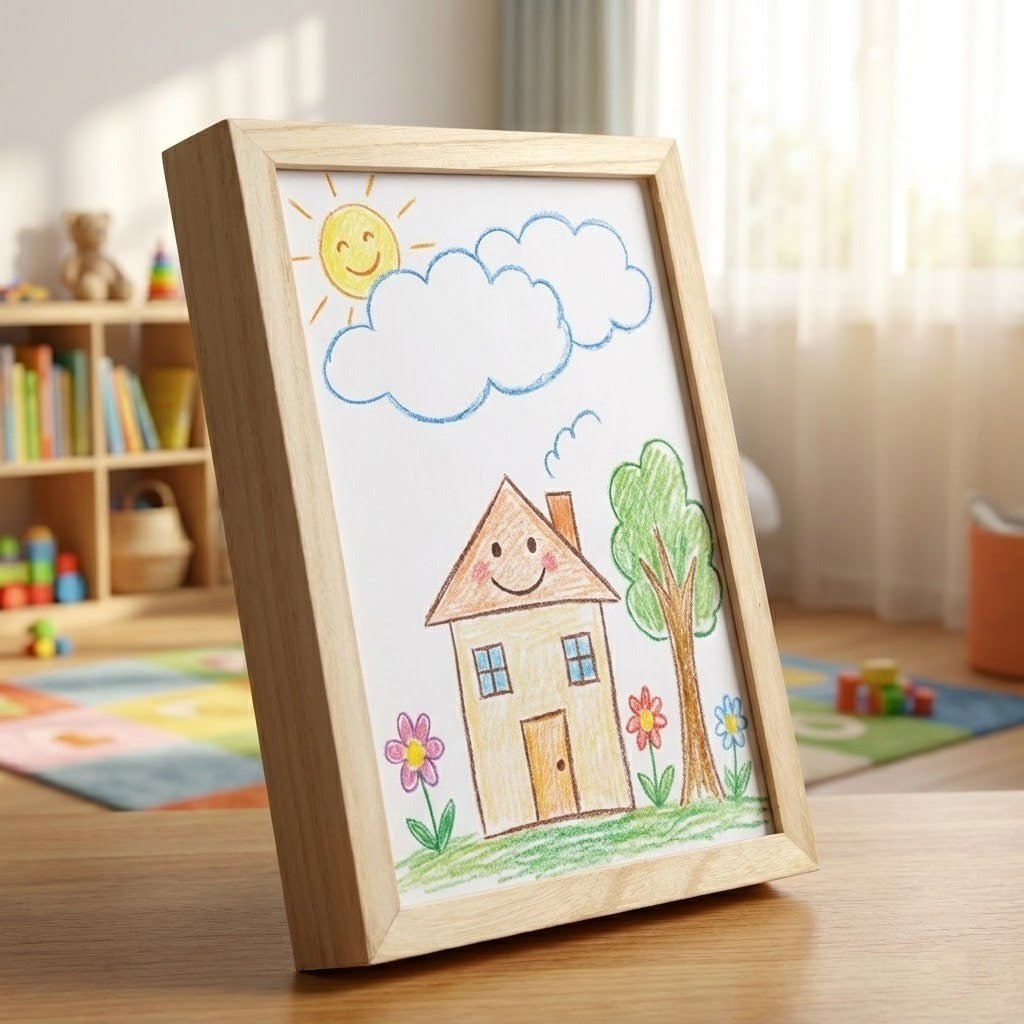 Sketchbox Wood Look Display Frame with Front Opening and Built-In Storage for Kids Art A3/A4