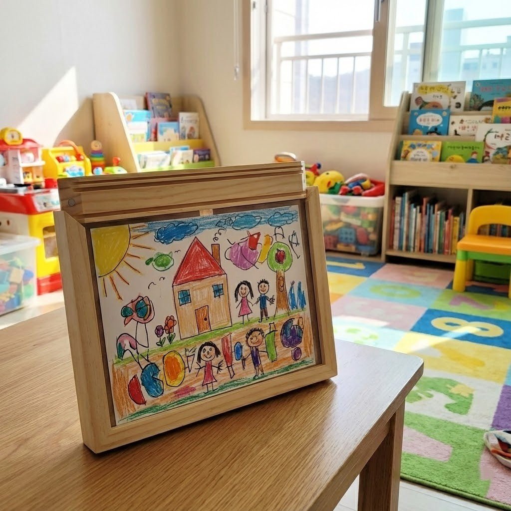 Sketchbox Wood Look Display Frame with Front Opening and Built-In Storage for Kids Art A3/A4