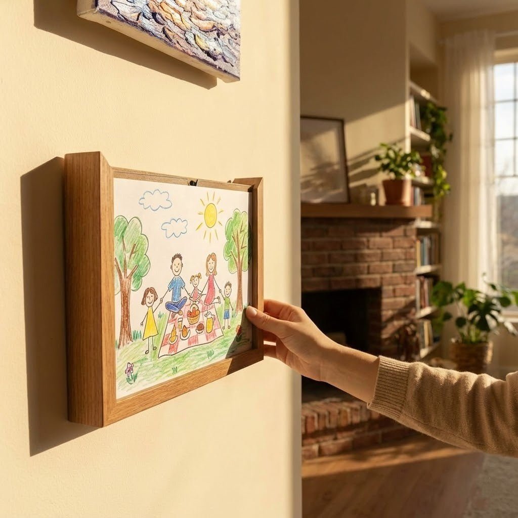 Sketchbox Wood Look Display Frame with Front Opening and Built-In Storage for Kids Art A3/A4