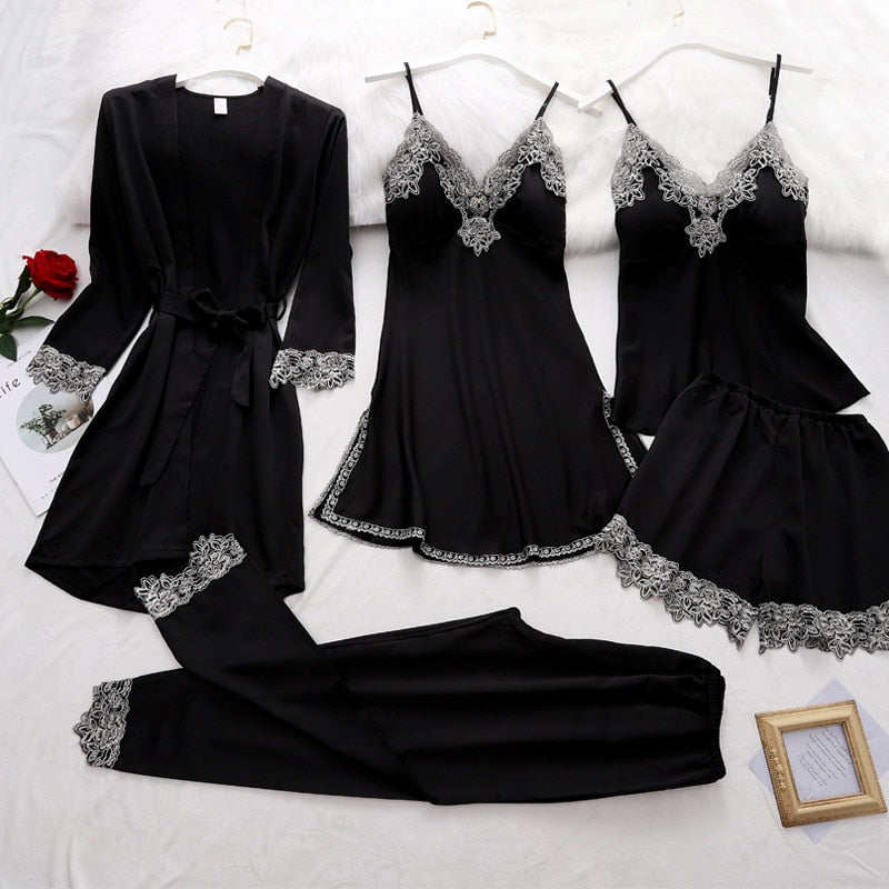 Silk Pajama Set Women’s Soft Breathable Satin Sleepwear with V-Neck Lace and Adjustable Straps