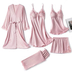 Silk Pajama Set Women’s Soft Breathable Satin Sleepwear with V-Neck Lace and Adjustable Straps