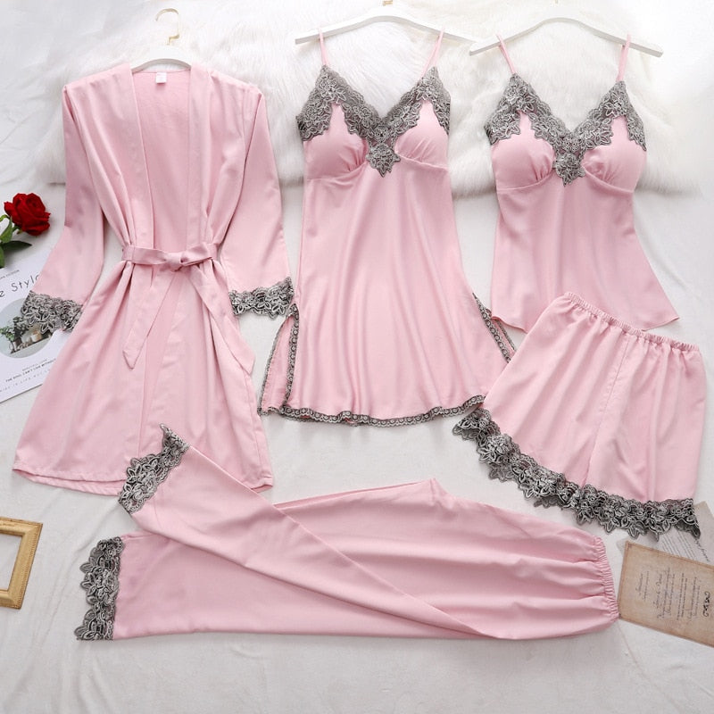 Silk Pajama Set Women’s Soft Breathable Satin Sleepwear with V-Neck Lace and Adjustable Straps