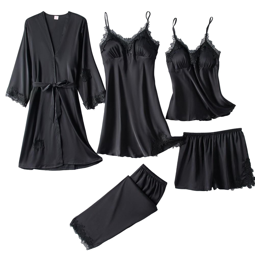 Silk Pajama Set Women’s Soft Breathable Satin Sleepwear with V-Neck Lace and Adjustable Straps