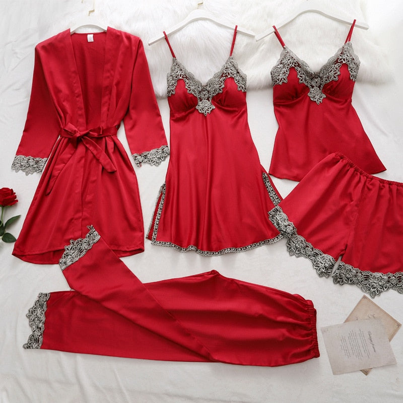 Silk Pajama Set Women’s Soft Breathable Satin Sleepwear with V-Neck Lace and Adjustable Straps