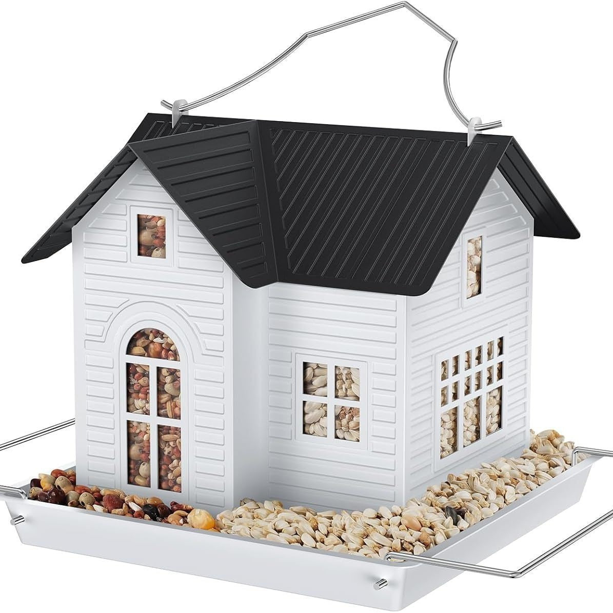 Solar Bird Feeder Metal Hanging House with Dual Seed Compartments and Solar LED Light