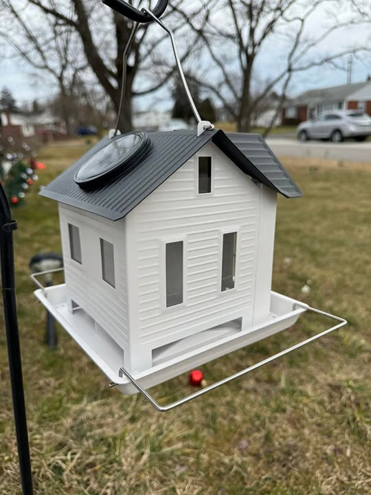 Solar Bird Feeder Metal Hanging House with Dual Seed Compartments and Solar LED Light