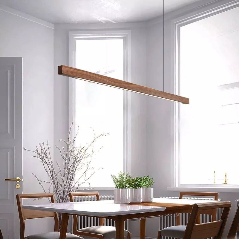 Adjustable Wood LED Bar Pendant Light with Downlight for Dining Room and Kitchen Ceiling