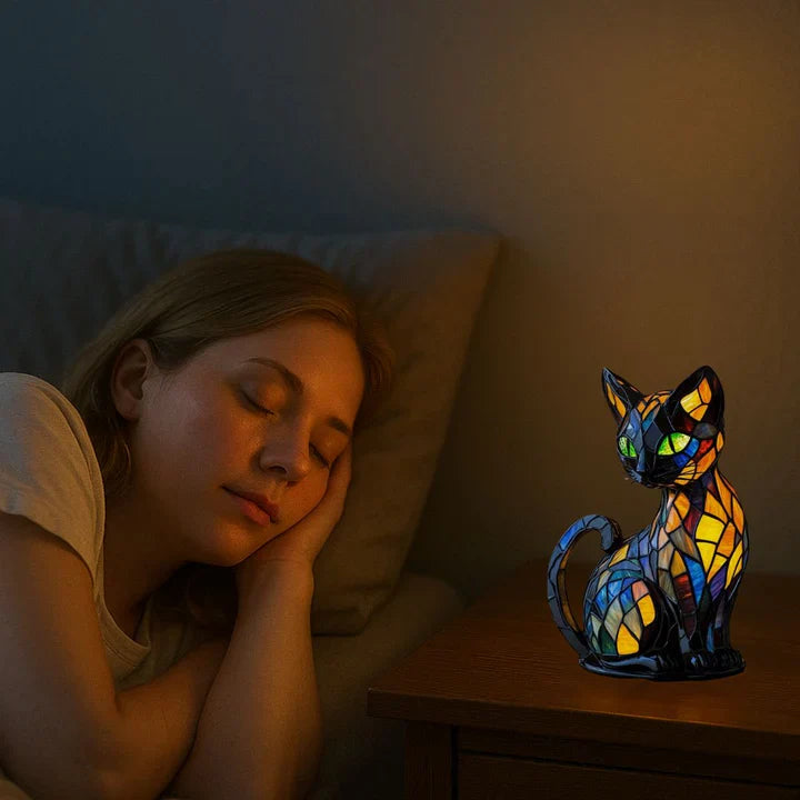 Stained Glass Cat Table Lamp with LED Lighting 30-36 cm Handcrafted Decorative Night Light