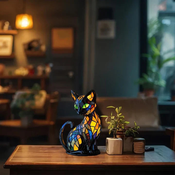 Stained Glass Cat Table Lamp with LED Lighting 30-36 cm Handcrafted Decorative Night Light
