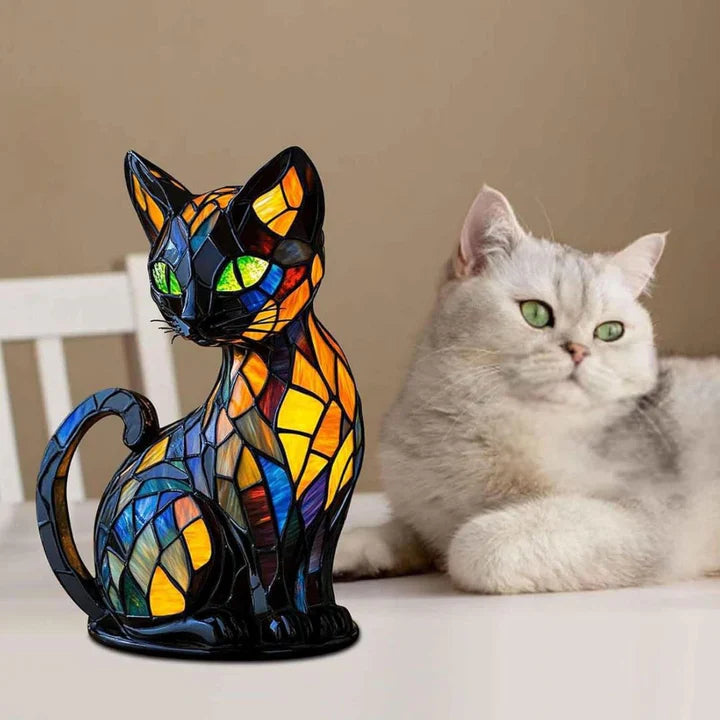 Stained Glass Cat Table Lamp with LED Lighting 30-36 cm Handcrafted Decorative Night Light
