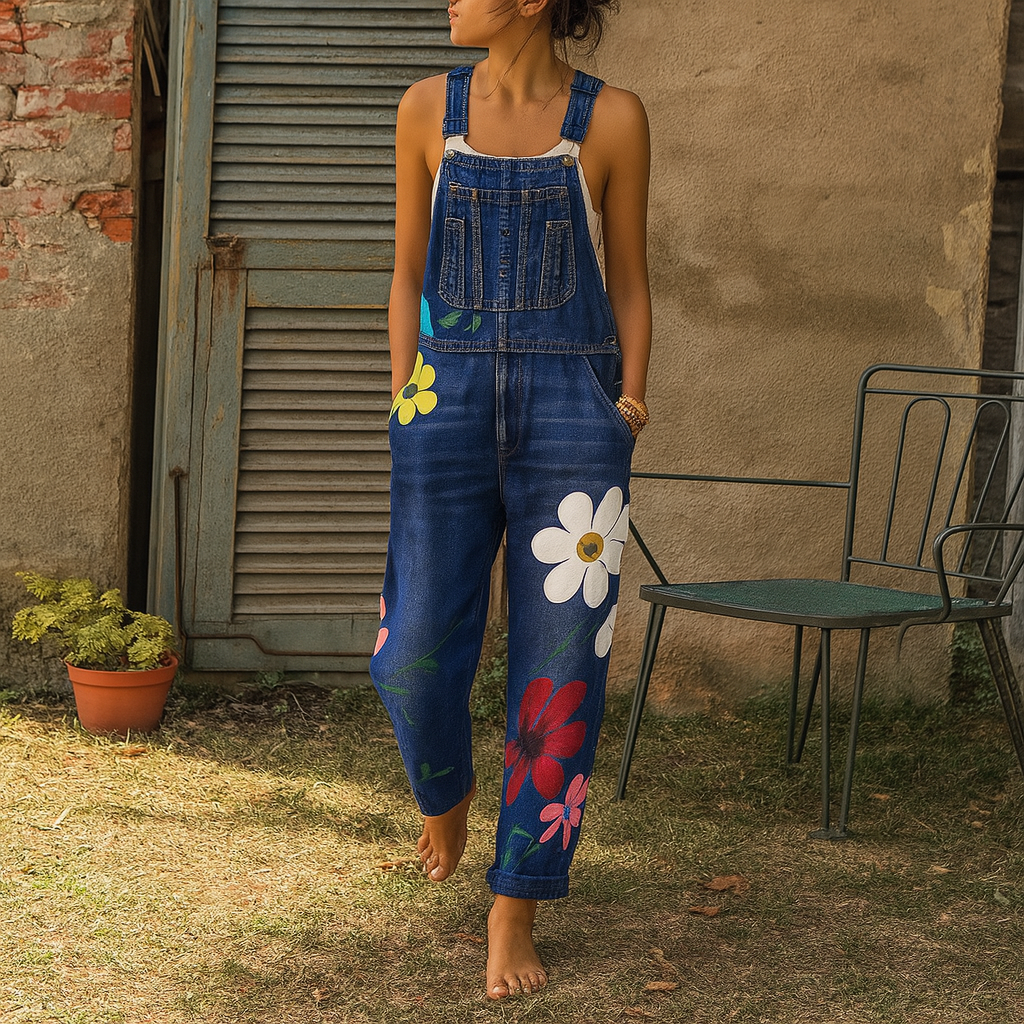 Denim Jumpsuit Cotton Floral Print Zipper Closure Faded Wash Earthy Tones