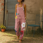 Denim Jumpsuit Cotton Floral Print Zipper Closure Faded Wash Earthy Tones