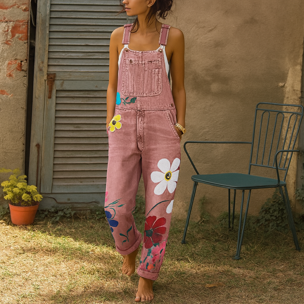 Denim Jumpsuit Cotton Floral Print Zipper Closure Faded Wash Earthy Tones
