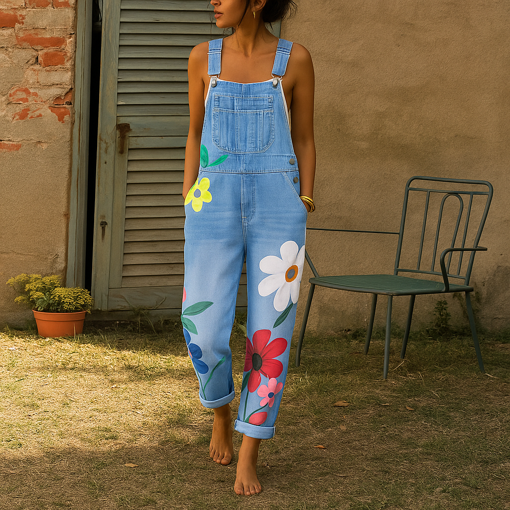 Denim Jumpsuit Cotton Floral Print Zipper Closure Faded Wash Earthy Tones
