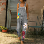 Denim Jumpsuit Cotton Floral Print Zipper Closure Faded Wash Earthy Tones