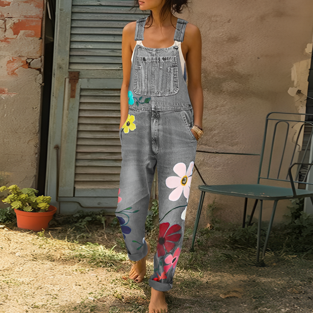 Denim Jumpsuit Cotton Floral Print Zipper Closure Faded Wash Earthy Tones