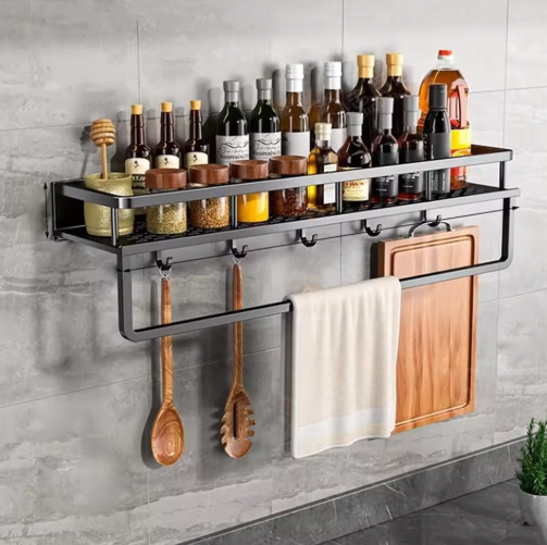 Metal Kitchen Wall Shelf Aluminum Storage Organizer with Hooks and Towel Holder Slim Space-Saving Design