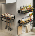 Metal Kitchen Wall Shelf Aluminum Storage Organizer with Hooks and Towel Holder Slim Space-Saving Design